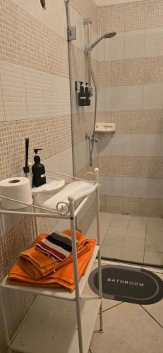 a bathroom with a shower and a shelf with towels at Villa Nancy in Nola