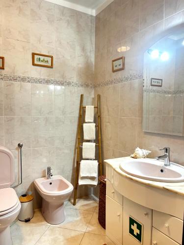 a bathroom with a sink and a toilet and a mirror at Casinha das Memórias in Vieira de Leiria