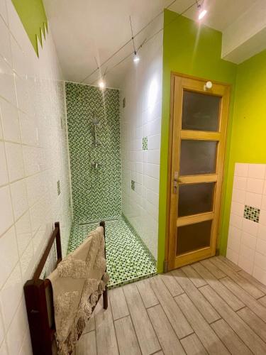 La salle de bains est pourvue d'une douche avec du carrelage vert et blanc. dans l'établissement Charmante maison de village, à Pennautier