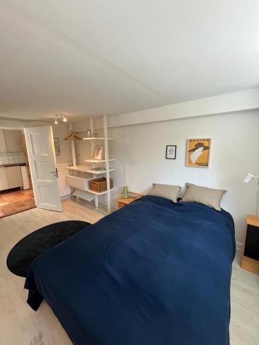 a bedroom with a blue bed in a room at Centralt værelse med bad og køkken in Herning