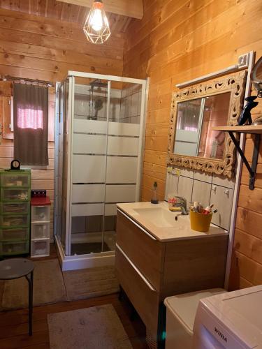 Un baño con lavabo y ducha en una habitación. en Le chalet de Kiki, en Le Verdon-sur-Mer