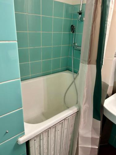 a bathroom with a bath tub with a shower at Yksiö Jyväskylässä Savela in Jyväskylä