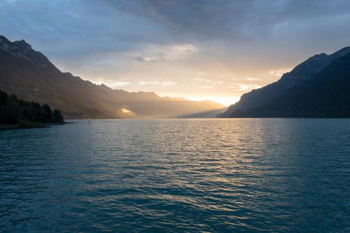 a view of a lake with mountains in the background at Seiler au Lac in Bönigen