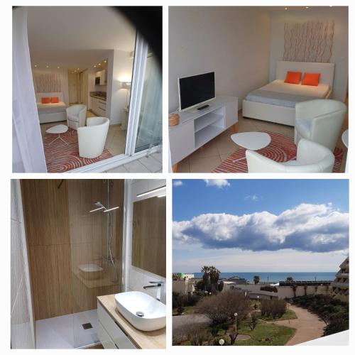 un collage de quatre photos d'une chambre d'hôtel dans l'établissement Le cap d'agde quartier naturiste Héliopolis E, au Cap d'Agde