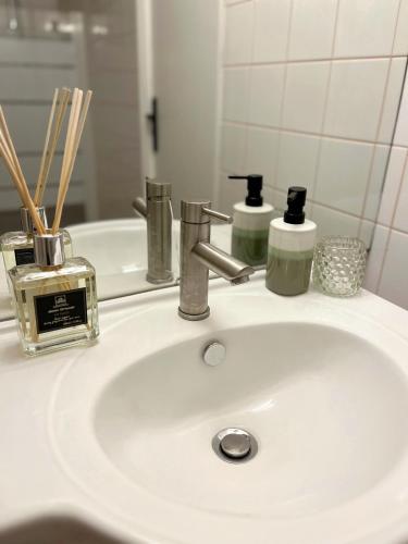 - un lavabo avec des bouteilles de savon et un miroir dans l'établissement Les gîtes du Mesnil chambre standard, à Équemauville