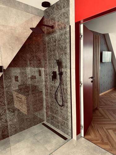a bathroom with a shower with a shower head at Leśny Wierch luxury spa villas in Bukowina Tatrzańska