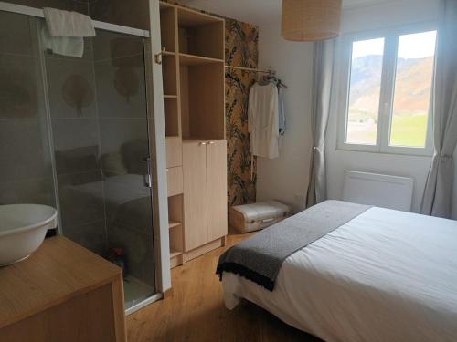 - une chambre avec une douche, un lit et un lavabo dans l'établissement Maison au calme plateau de Lhers proche Lescun pour 6p, à Accous