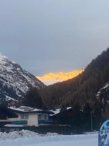 a building in the snow with a mountain in the background at Apart Resi in Niederthai