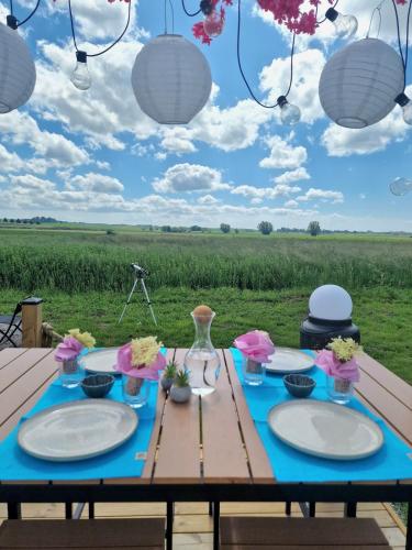 Staffanstorpにあるillusion Glamping Domeの皿と花と畑のピクニックテーブル