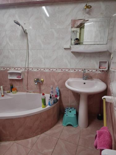 a bathroom with a sink and a bath tub and a sink at Lovely two bedrooms apartment in Asyut city in Asyut