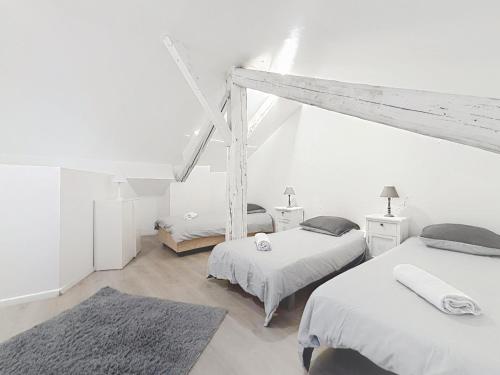 Cette chambre blanche comprend 2 lits et un tapis. dans l'établissement Appartement confortable Centre ville, à Metz