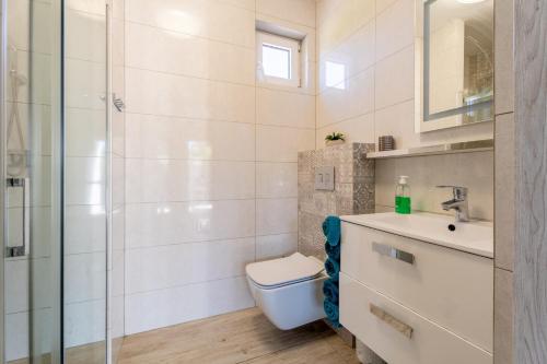 a bathroom with a toilet and a sink and a shower at Morski domek in Dębki
