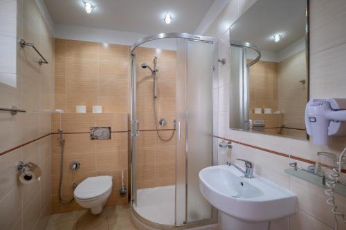 a bathroom with a shower and a toilet and a sink at Penzion IRIS in Rajecké Teplice