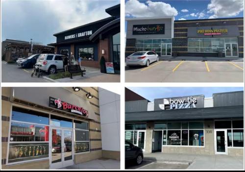 four pictures of a store with cars parked outside at Relax, Recharge, Repeat 2Bedroom Walkout Haven in Calgary