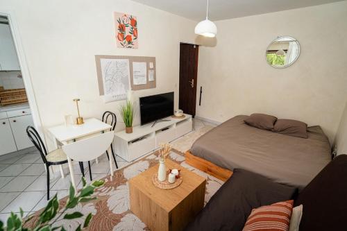 un salon avec un lit et une table dans l'établissement Le Cocon Du Lac, à Annecy