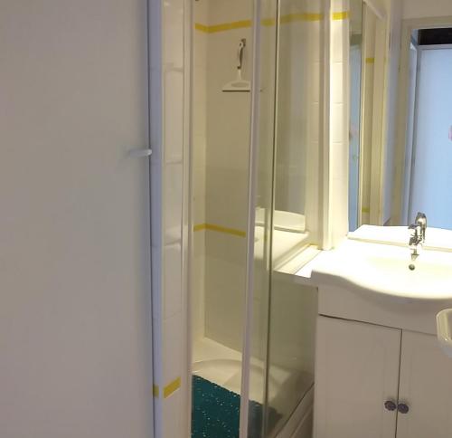 une salle de bain avec douche et lavabo dans l'établissement La Goélette, à Talmont-Saint-Hilaire
