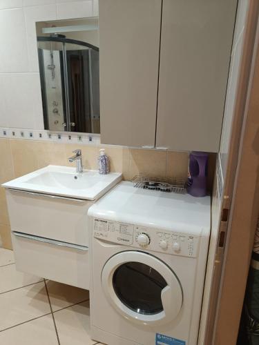 une cuisine avec une machine à laver et un évier dans l'établissement Chambre d'hôte confort - proximité directe Genève, à Annemasse