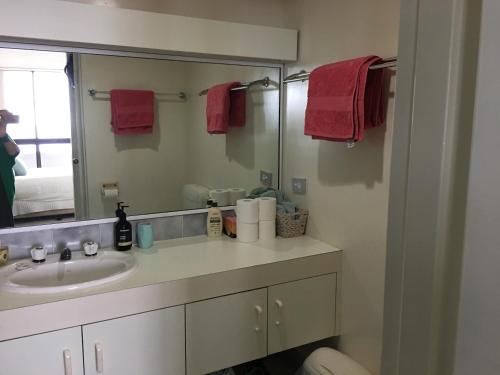 un bagno con lavandino e specchio di Views & Sounds of the Sea Bed & Breakfast -hosted by Deb a Coffs Harbour