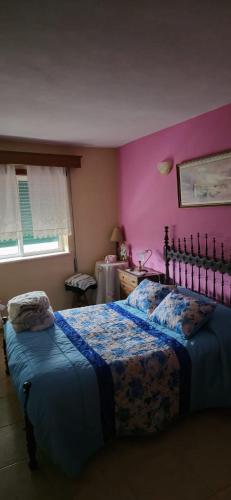 Ein Schlafzimmer mit einem Bett mit blauer Bettdecke und rosa Wänden in der Unterkunft CasaPinto in Castro Daire