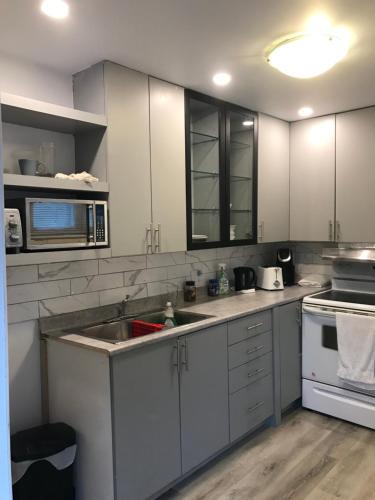a kitchen with white cabinets and a sink at Victorian2 Henderson Héritage Home in Ottawa