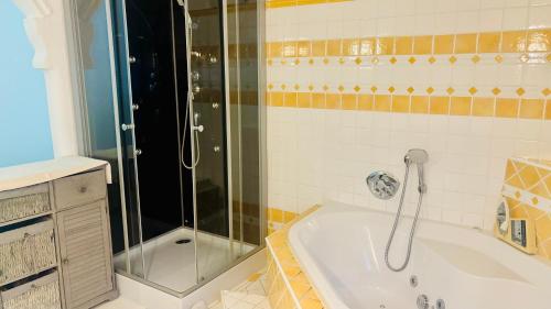 a bathroom with a shower and a bath tub at CK Apartment in Oberhofen am Irrsee