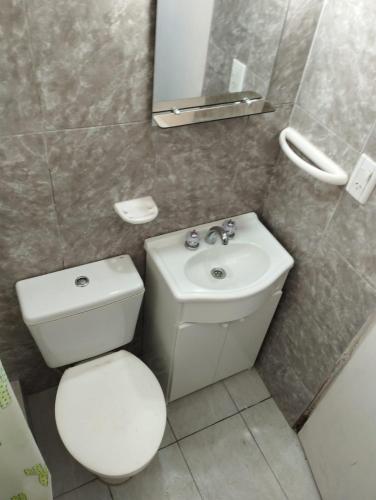 a bathroom with a toilet and a sink and a mirror at La Guido 3 sin operar in Viedma
