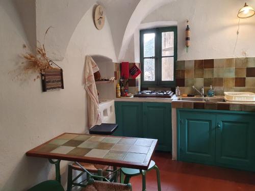une cuisine avec des armoires vertes et une table à l'intérieur dans l'établissement U Paisolu, maison de village en Corse, entre mer et montagne, à Nessa