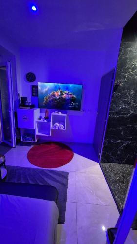 un salon avec une chambre violette et une télévision dans l'établissement Lyon superbe jacuzzi vue sur jardin, à Villeurbanne