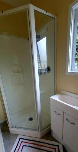 a shower with a glass door next to a sink at Waikanae Accommodation Studio B&B in Waikanae