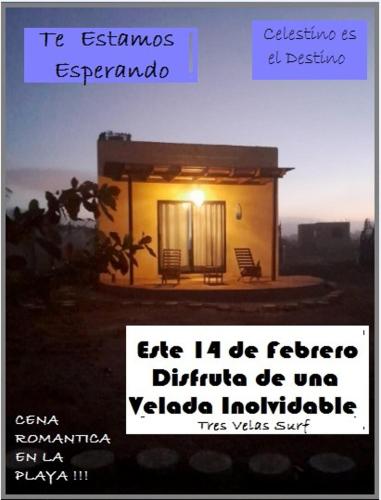 a poster of a small house with a sign at Tres Velas Surf in Celestino Gasca