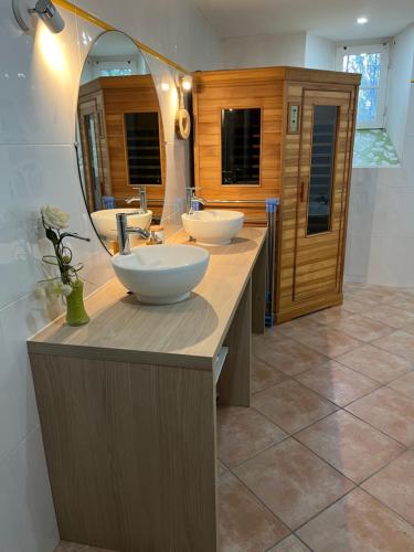 une salle de bain avec deux lavabos et un grand miroir dans l'établissement Le Gîte du Port Hublé, à Chaniers