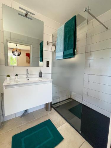 une salle de bain avec un lavabo et une douche dans l'établissement Le Nid'Isle - Stationnement privé gratuit - Wi-Fi performant - Climatisation, à LʼIsle-sur-la-Sorgue