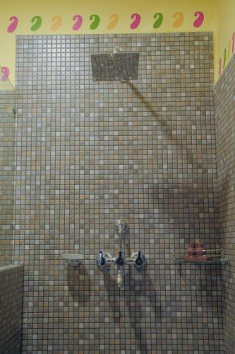 a bathroom with a tiled wall with a shower at Sapana Village Lodge in Sauraha