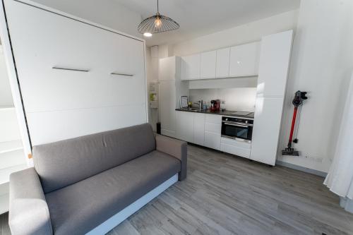 un salon avec un canapé et une cuisine dans l'établissement Studio cosy avec jardin privatif proche transport, à Vénissieux