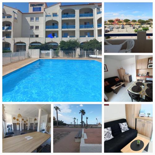 un collage de photos d'une piscine dans l'établissement Coquet studio 4 pers, piscine,clim mobile, plage a 300 m,à 5min a pied du Lydia, au Barcarès