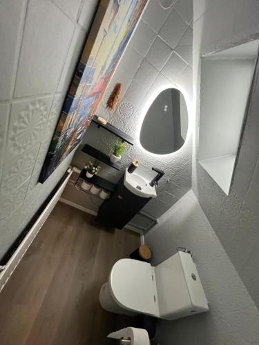 a bathroom with a toilet and a sink and a mirror at ElasFerienhaus in Marne