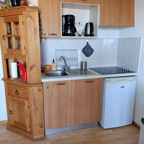 une petite cuisine avec un évier et un réfrigérateur dans l'établissement Station Thollon - Vue sur le Lac - EVIAN, à Thollon-les-Mémises