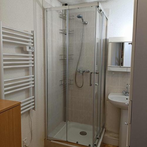 une salle de bain avec douche et lavabo dans l'établissement Station Thollon - Vue sur le Lac - EVIAN, à Thollon-les-Mémises