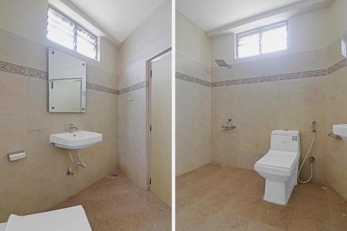 two pictures of a bathroom with a toilet and a sink at Hotel O Padmini Near Lakdikapool Metro Station in Hyderabad
