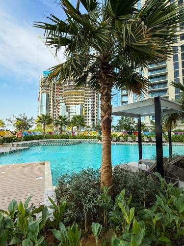 a palm tree sitting next to a swimming pool at Lux Apartments in BusinessBay, Canal views, Great Location in Dubai