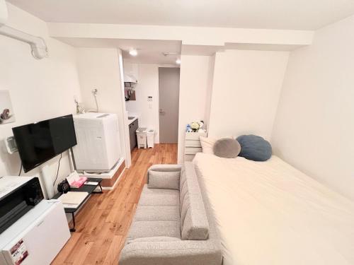 a living room with a couch and a tv at FARE Akihabara - Stylish Spacious Studio 8min from Station 201 in Tokyo