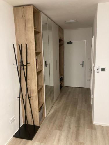 a hallway with a large wooden closet and a mirror at Apartmán Mariánská Hora in Albrechtice v Jizerských horách