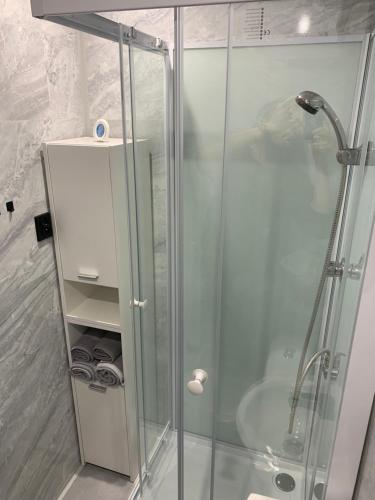 a shower with a sink and a glass shower stall at Apartament na Jasnym in Dzierżoniów