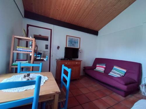 un salon avec un canapé violet et une table dans l'établissement Soulac sur mer - Maison individuelle avec jardin, à Soulac-sur-Mer