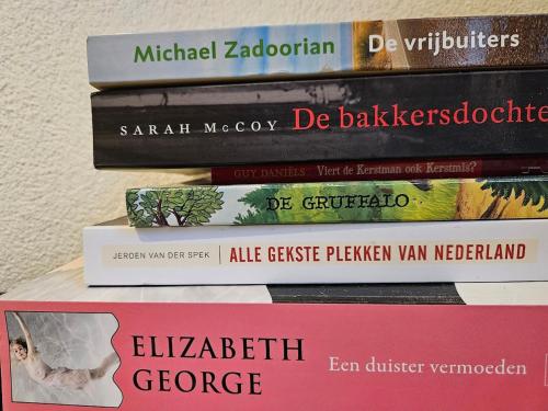 a stack of books sitting on a shelf at Appartement Falchenberch in Valkenburg