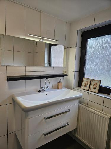 a bathroom with a white sink and a window at Appartement Falchenberch in Valkenburg