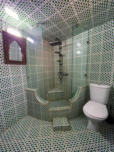 a tiled bathroom with a toilet and a shower at Riad Dar El Ouedghiri in Fès