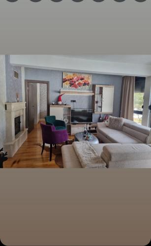a living room with two couches and a fireplace at Kamin LUX in Divčibare