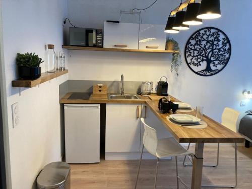 une cuisine avec un évier et une table avec des chaises dans l'établissement Appartement cosy et calme en cœur de ville - Quartier Saint Aubin proche gare, à Toulouse