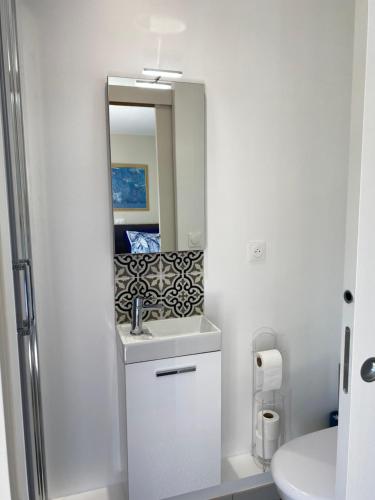 a white bathroom with a sink and a mirror at Loire Valley Cottages in Jarzé